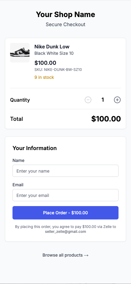 Checkout page with Zelle payment instructions