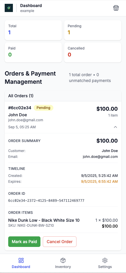 Admin dashboard showing an order awaiting confirmation
