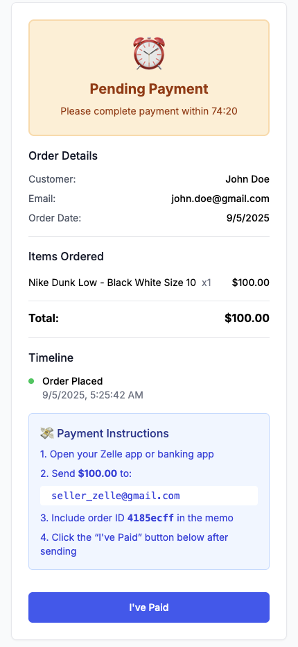Order status page showing 'Payment Pending'